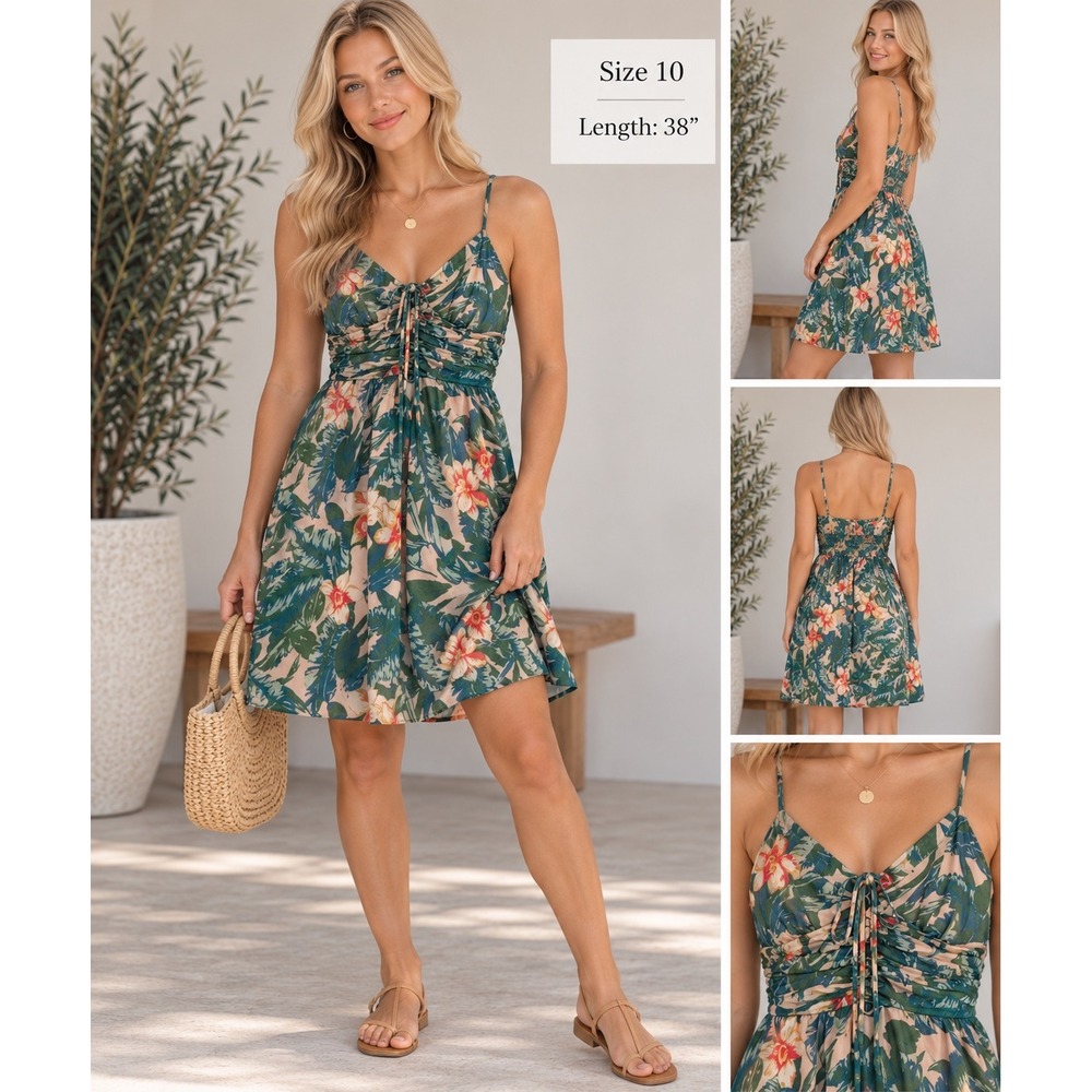 Kimchi Blue Tropical Floral Sundress Size 10 Pink Green Ruched Mini Dress